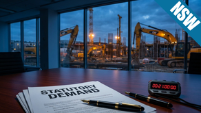 A hyper-realistic, cinematic editorial photograph taken inside a dimly lit corporate boardroom at twilight. On a polished mahogany table in the foreground, a document with the bold title "STATUTORY DEMAND" is topped by a gold fountain pen and a digital stopwatch glowing red with the time "00:21:00:00". Through a large window, an active construction site is visible, featuring several large yellow excavators and a crane silhouetted against a moody blue and orange dusk sky, lit by warm amber floodlights. The lighting is dramatic, with deep shadows and sharp highlights, evoking a sense of urgency.