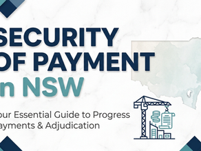 titled 'SECURITY OF PAYMENT in NSW' in large, dark navy and teal font on a white marble background. Below the title is the subtitle: 'Your Essential Guide to Progress Payments & Adjudication'. Geometric teal, dark blue, and blue patterns adorn the top-left and bottom-right corners. On the right side, a transparent, light blue-grey map of New South Wales (NSW), Australia is overlaid. Below the map, a dark blue line-art icon shows a construction crane lifting a document and stacks of coins over a stylized building. A small logo with modern building shapes.