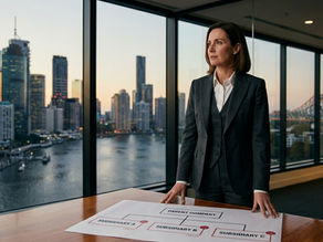 A woman in a dark business suit stands at a boardroom table in a high-rise office overlooking the Brisbane city skyline and river at dusk, with a corporate structure diagram on the table showing a parent company connected to three subsidiaries, two of which are marked in red.