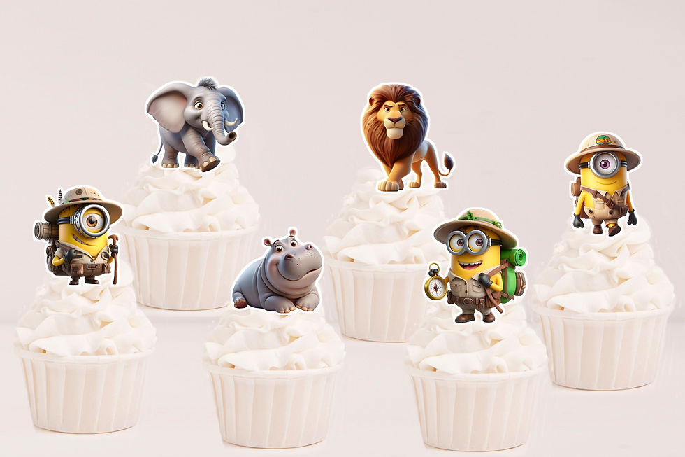 Toppers recortados Minions Safari com Minions exploradores, leão, elefante e hipopótamo sobre cupcakes.