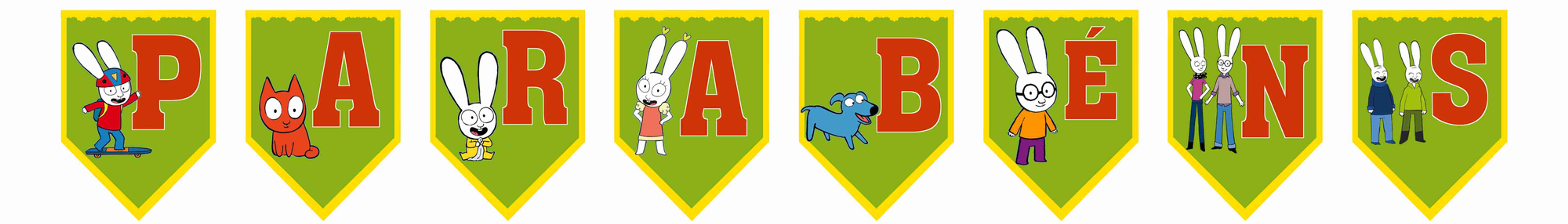 Bandeirolas Parabéns tema Simão com personagens da série para decoração de festa infantil