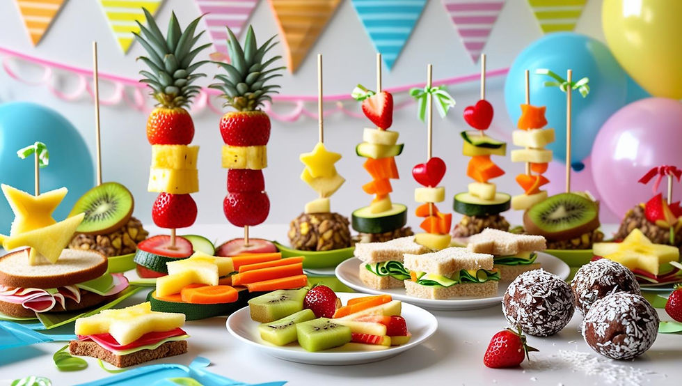 Mesa de festa infantil com comidas saudáveis e coloridas como espetadas de fruta, muffins de legumes e sanduíches divertidas, decorada com balões pastel ao fundo.