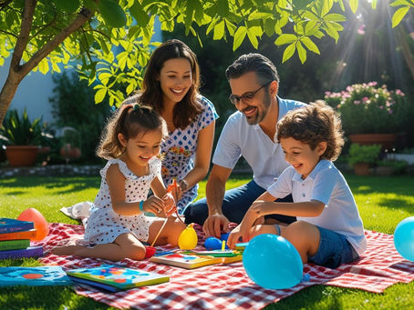 Família portuguesa com duas crianças a brincar num jardim no verão, rodeados de materiais de arte, balões de água, livros e uma toalha de piquenique, num ambiente alegre e ensolarado.