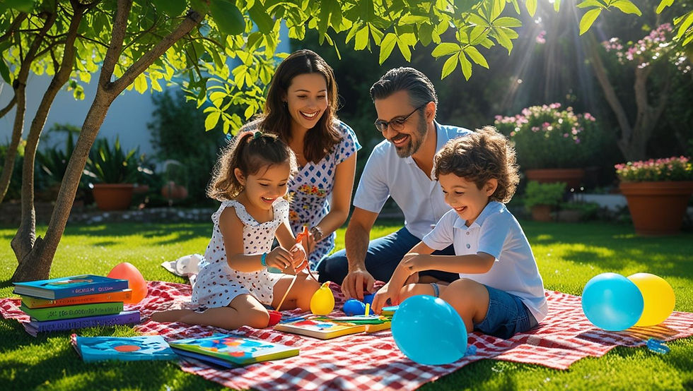 Família portuguesa com duas crianças a brincar num jardim no verão, rodeados de materiais de arte, balões de água, livros e uma toalha de piquenique, num ambiente alegre e ensolarado.