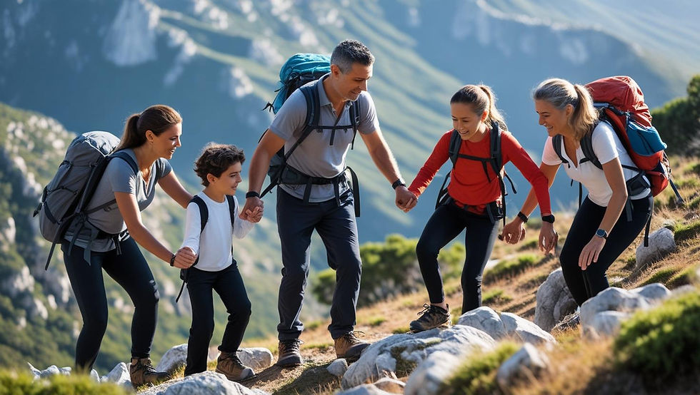 Portuguese family supporting each other during challenging mountain hike, helping hands, encouraging gestures, overcoming obstacles together, determination and mutual support, beautiful Portuguese mountain landscape