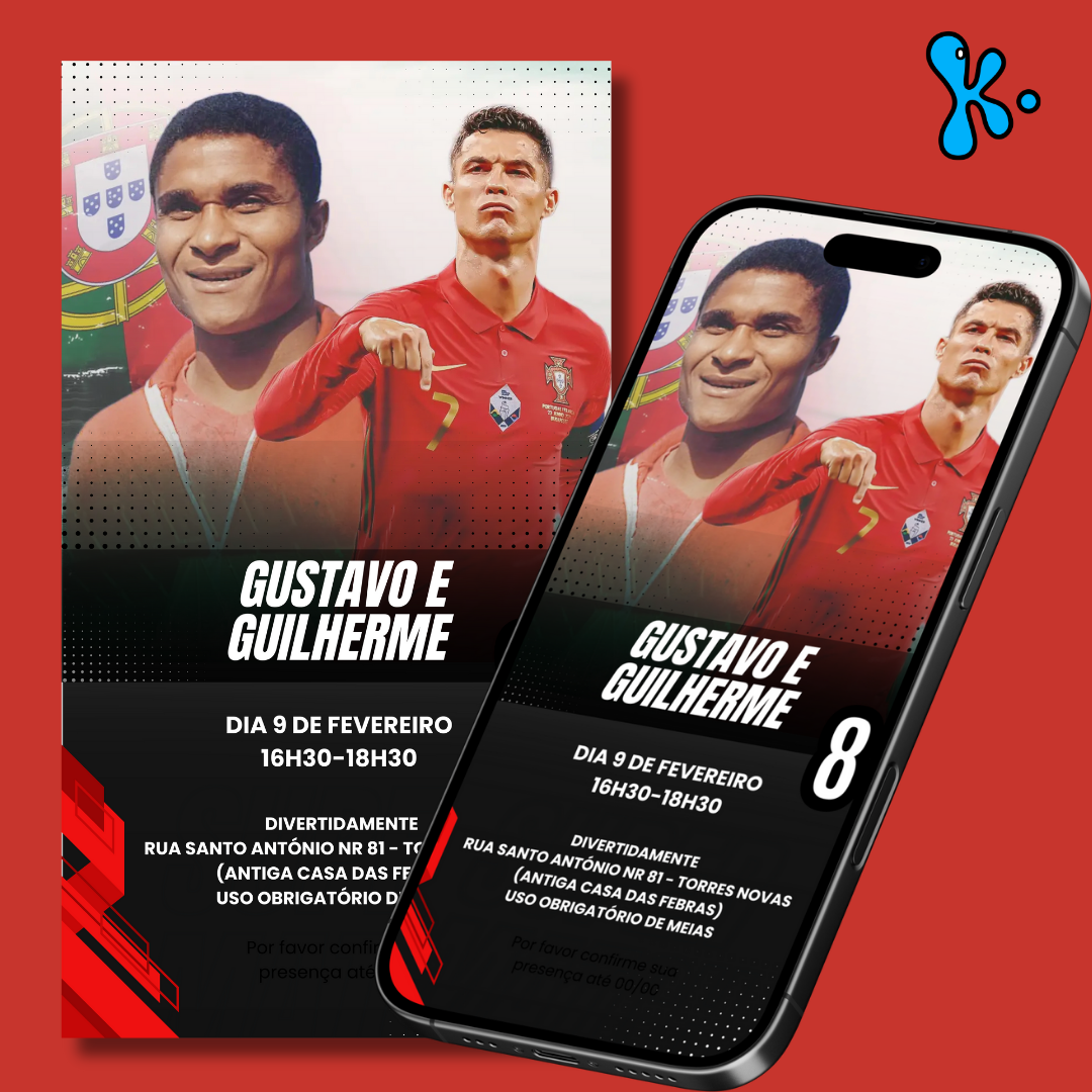 Convite digital futebol com Cristiano Ronaldo e Eusébio, personalizado para festa de aniversário infantil com tema desportivo