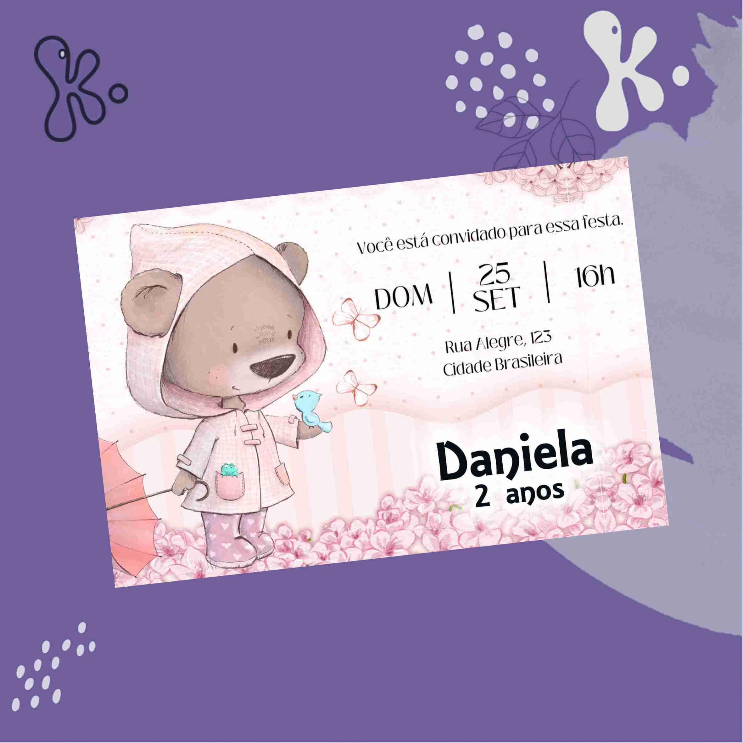 Convite Digital Ursinha com capuz, guarda-chuva e flores rosa, ideal para aniversário infantil feminino, com envio digital