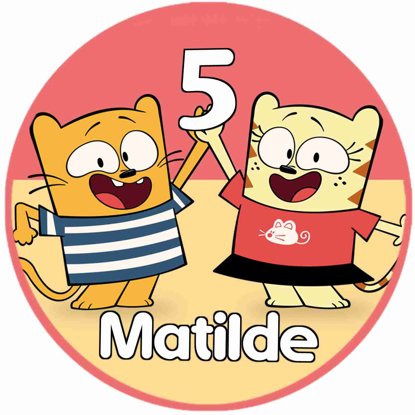 Autocolante redondo Ollie e Moon com personagens a celebrar, nome Matilde e número 5 para festa infantil