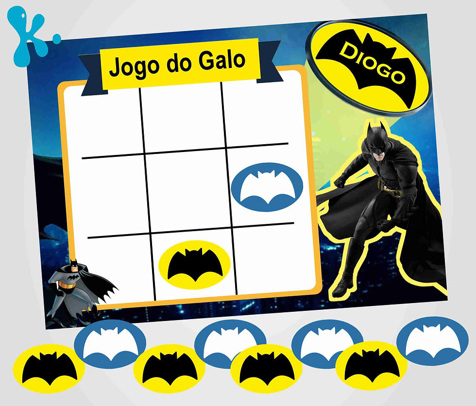 Jogo do galo personalizado Batman com símbolo do morcego e nome Diogo em tabuleiro temático.