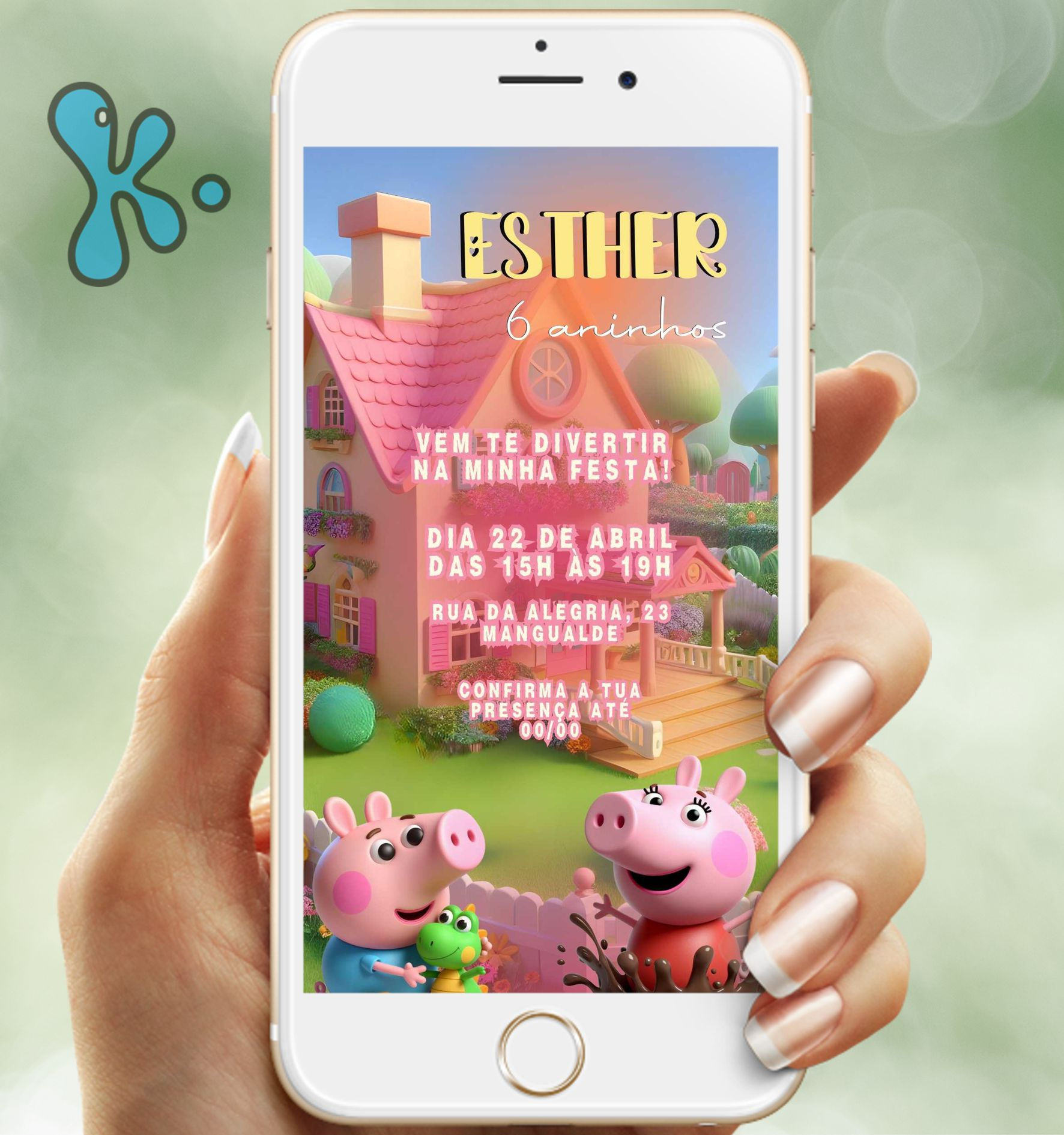 Convite digital da Porquinha Peppa com fundo da casa cor-de-rosa