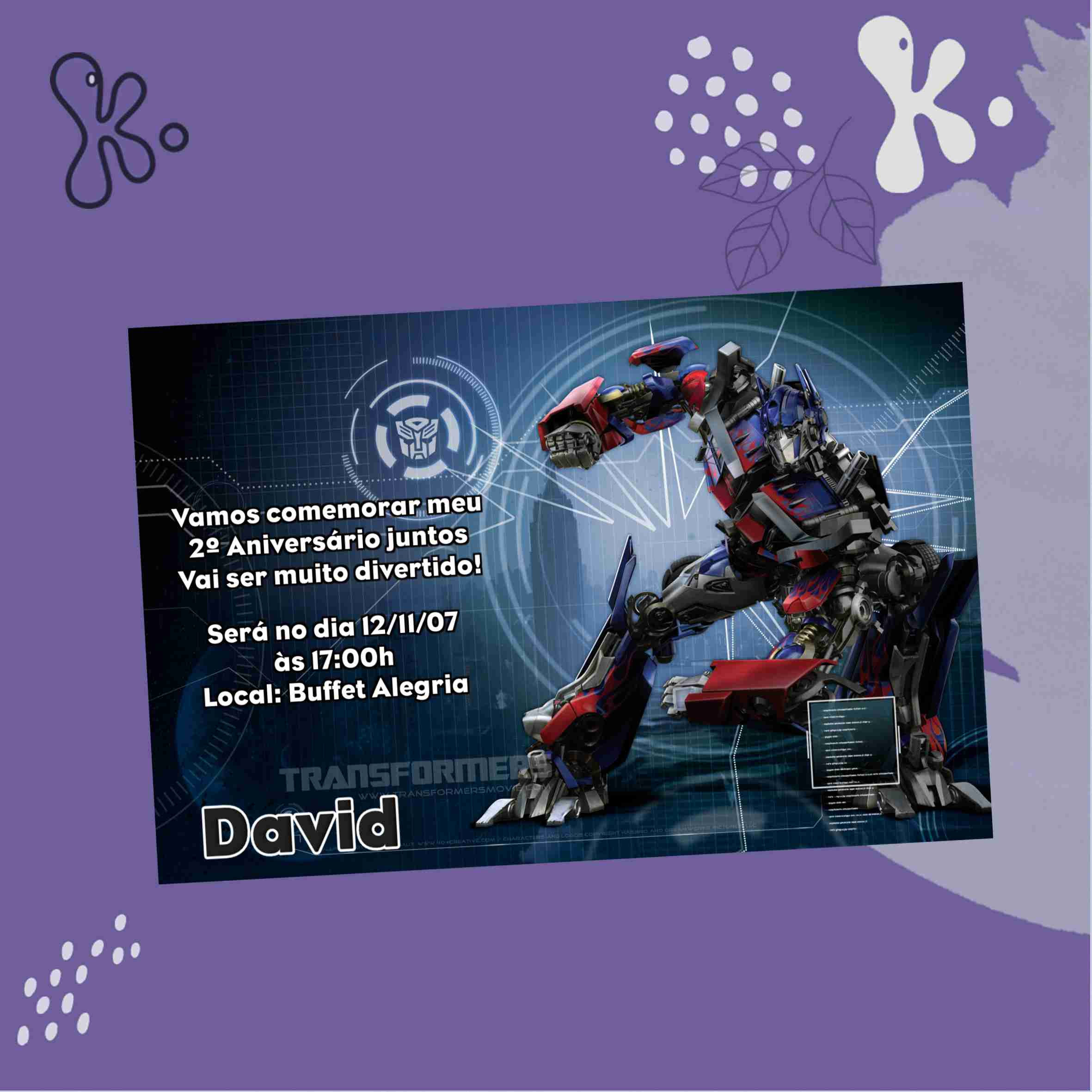 Convite Digital Transformers com Optimus Prime em fundo tecnológico, ideal para aniversário infantil personalizado