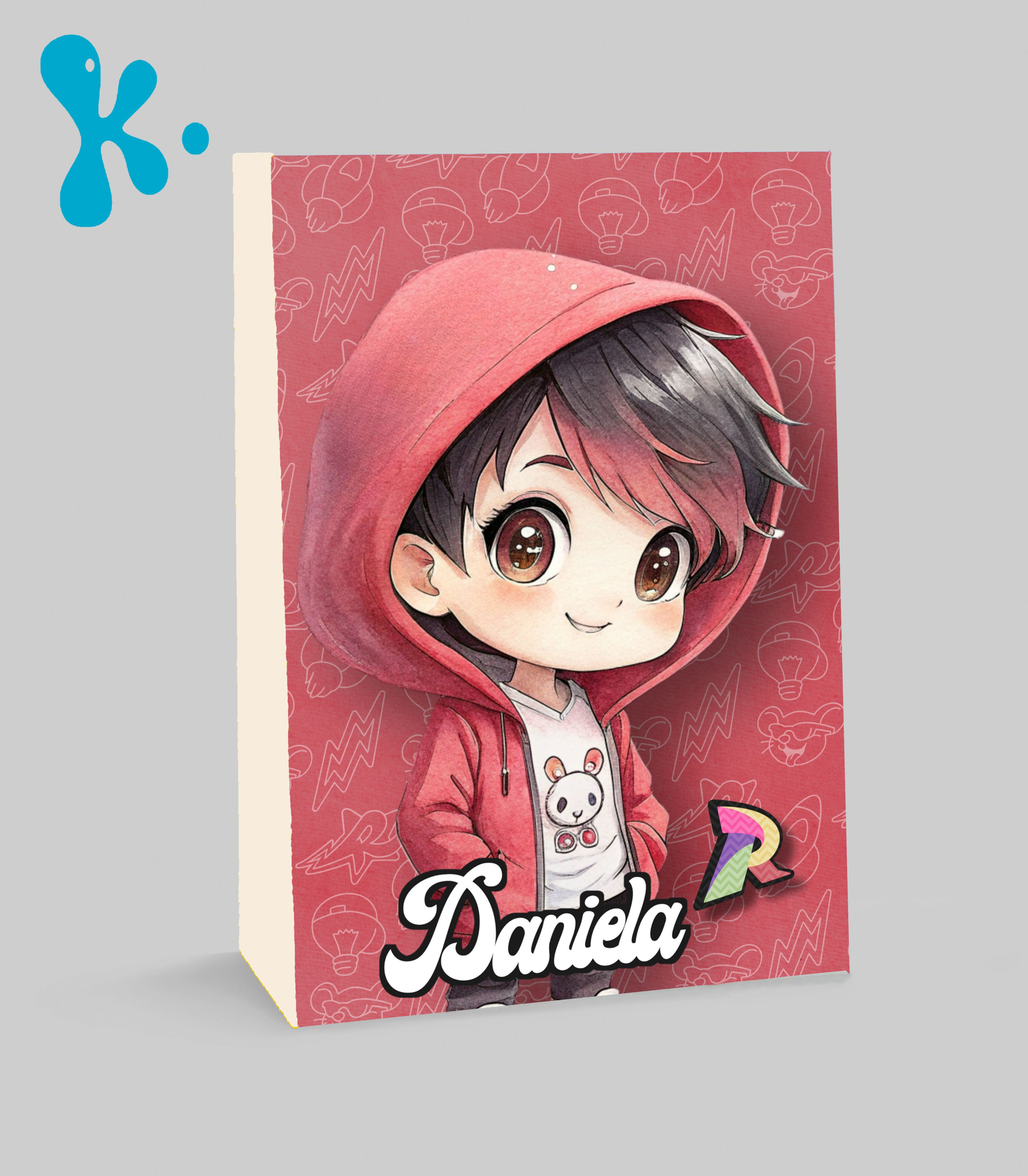 Saco lembrança Robson dos Rosa com menino de hoodie vermelho e fundo vermelho com nome Daniela