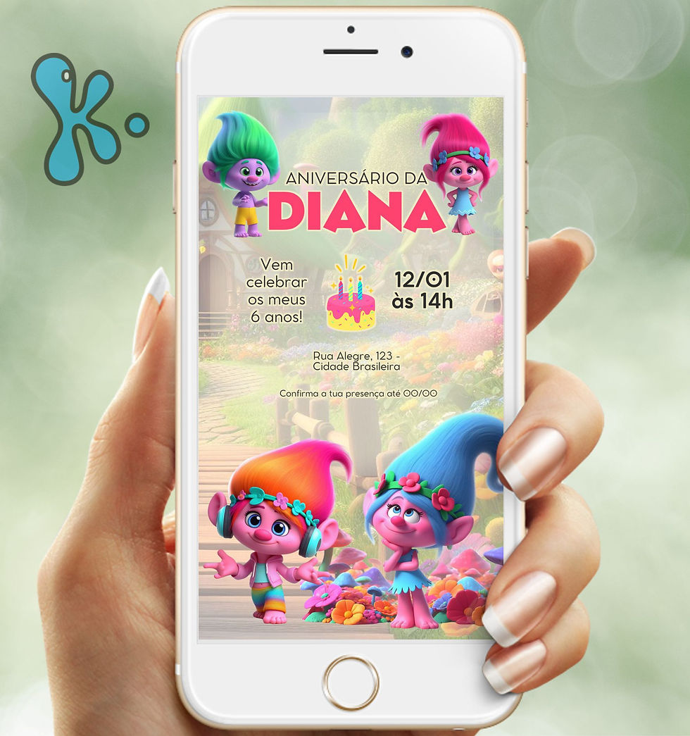 Convite digital infantil tema Trolls, personalizável com nome e informações da festa.