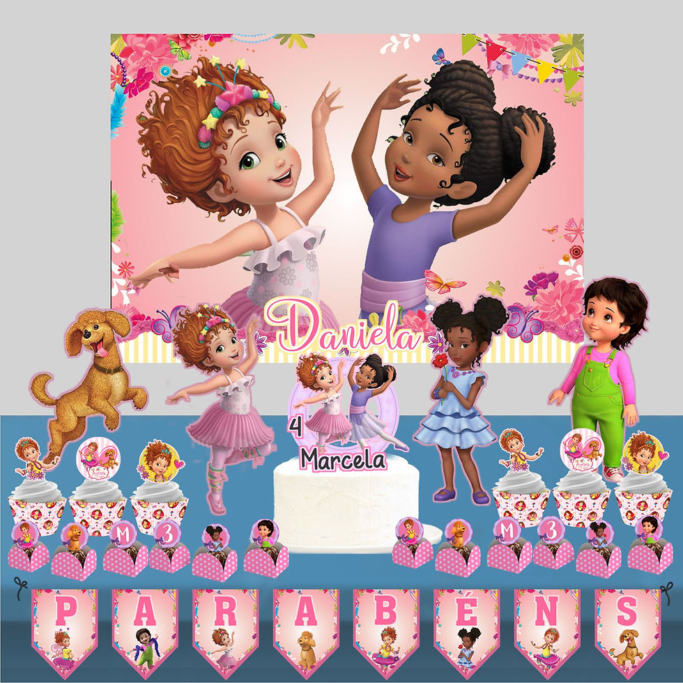 Kit de Festa Fancy Nancy com painel, personagens e decoração infantil temática.