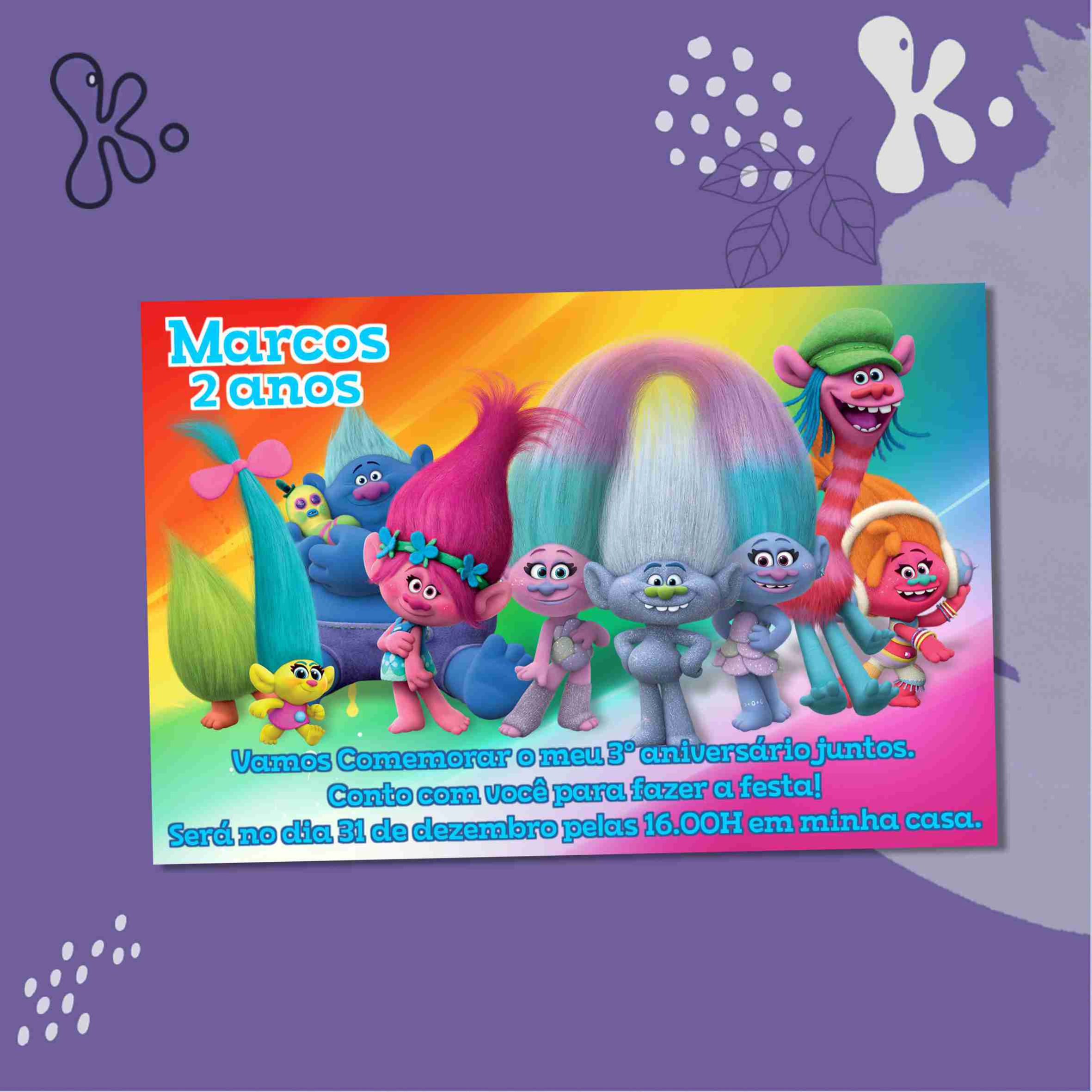 Convite Digital Trolls com personagens coloridos sobre fundo arco-íris, ideal para festa infantil personalizada com envio