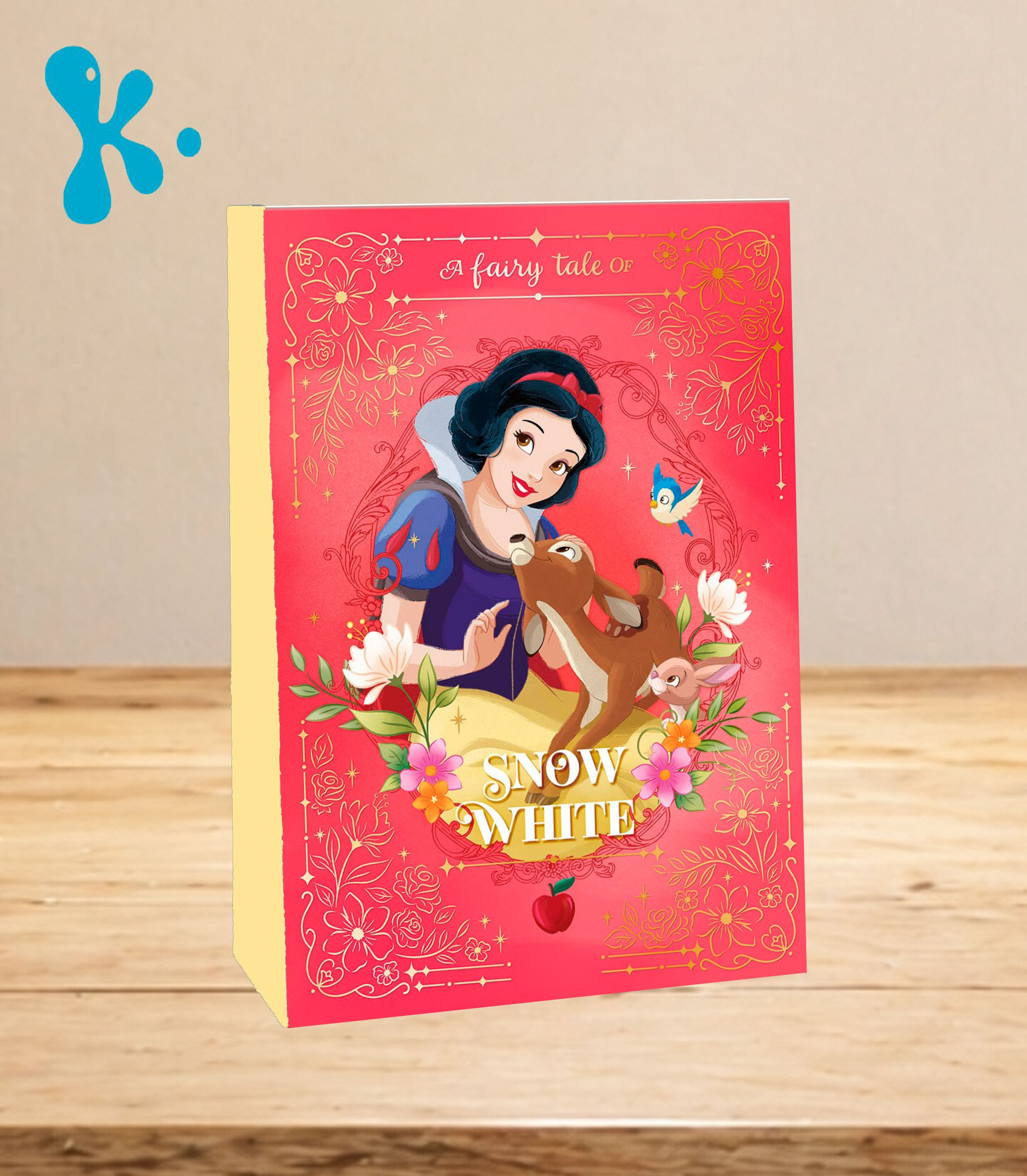 Saco Lembrança Branca de Neve vermelho com princesa, animais da floresta, flores douradas e maçã.