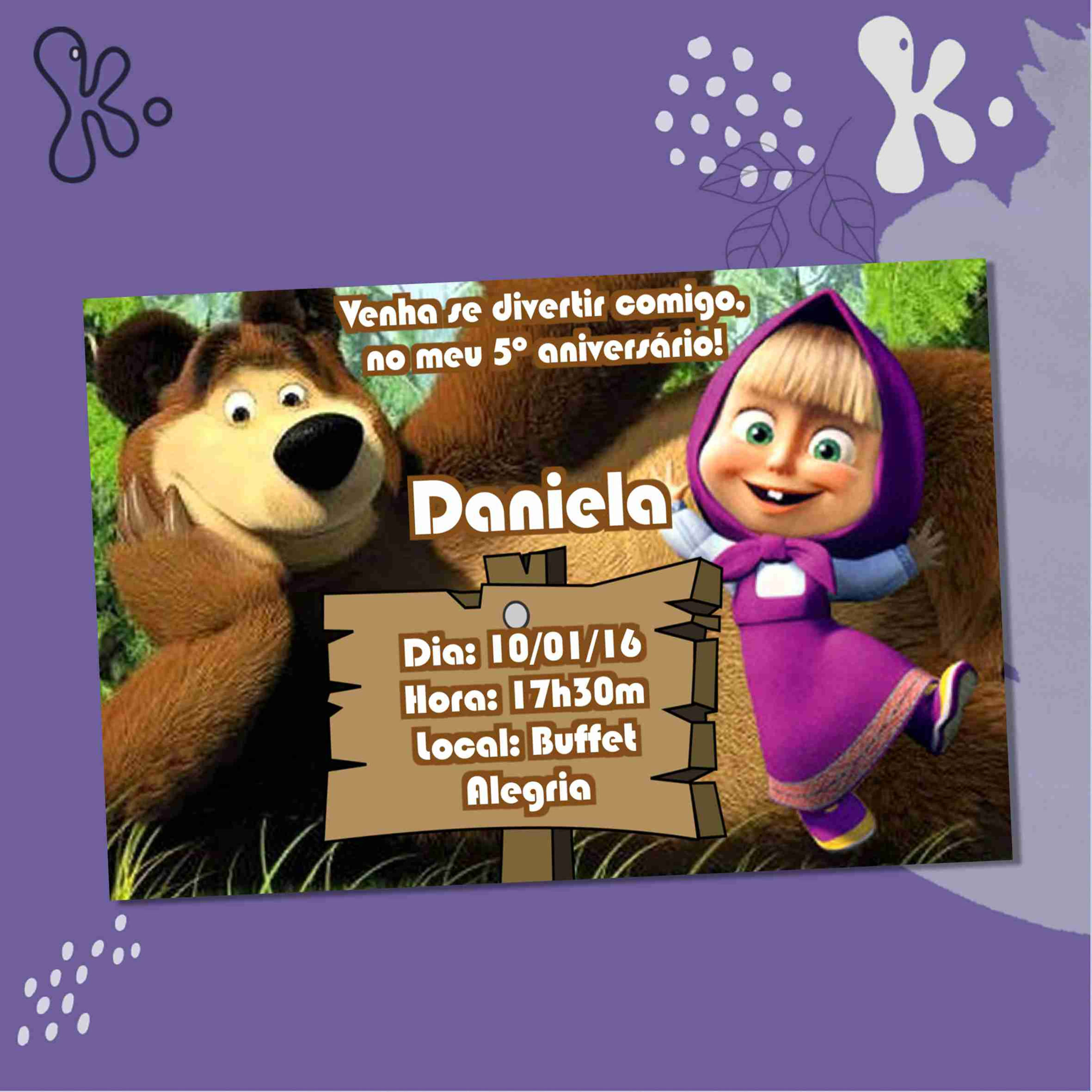 Convite Digital Masha e o Urso Personalizado – Modelo Madeira para Aniversário Infantil