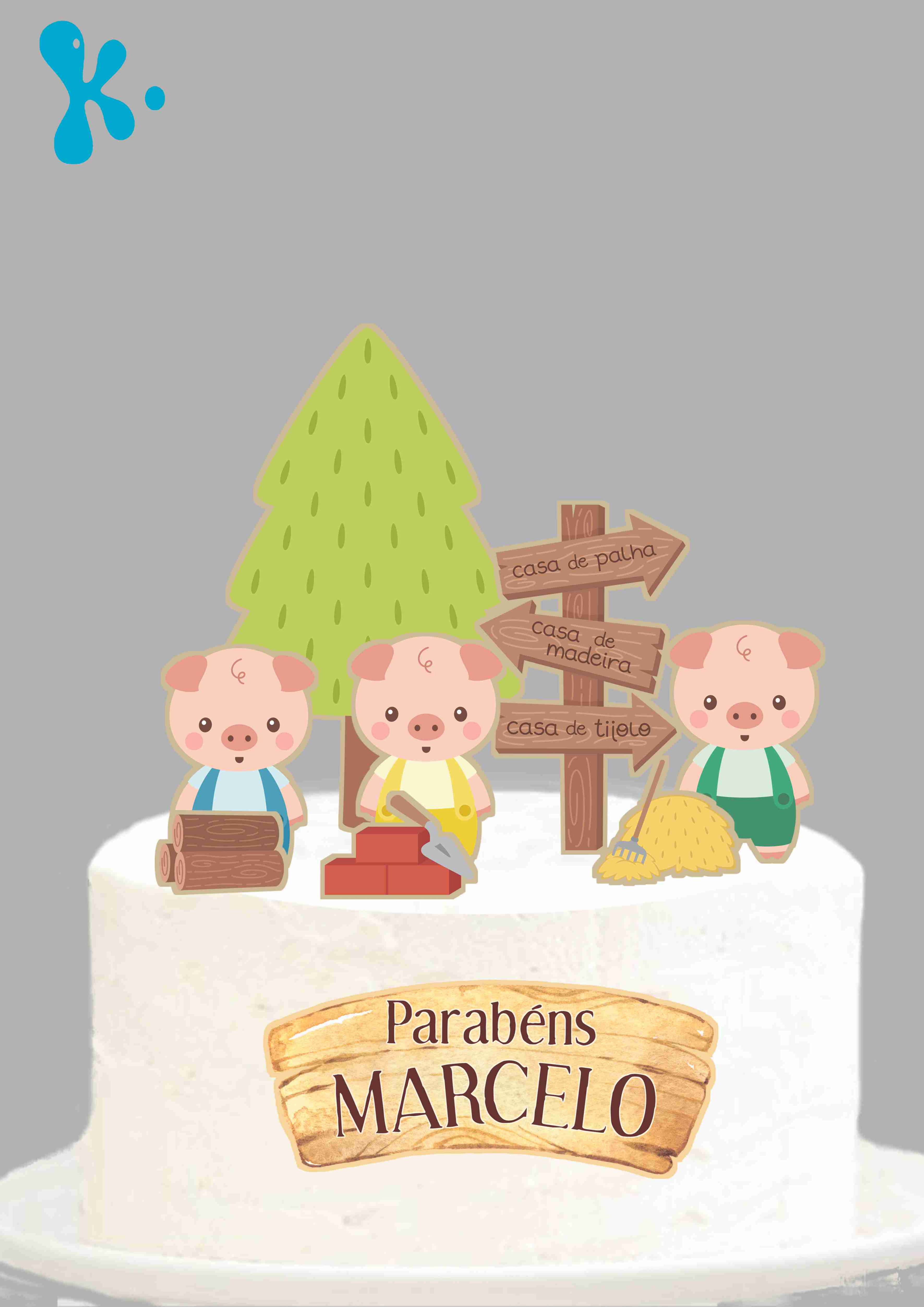 Topo de bolo com os Três Porquinhos e nome Marcelo personalizado.