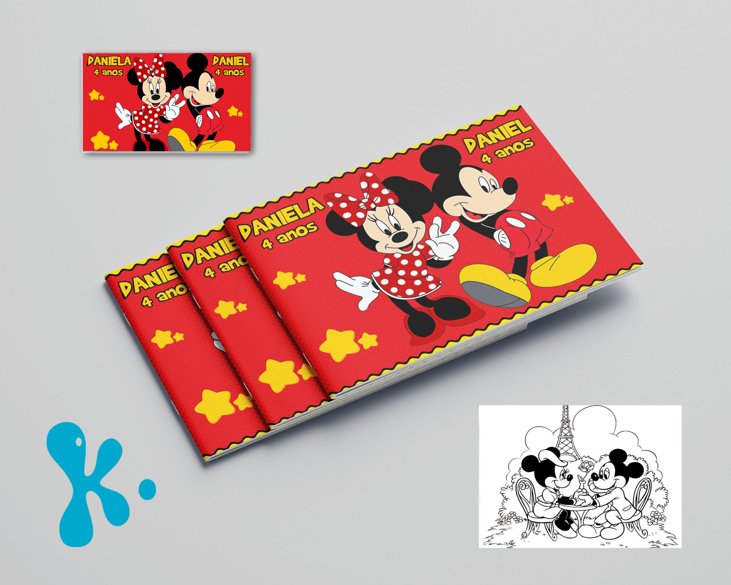 Capa de livro de colorir Mickey e Minnie personalizada com nome da criança em fundo vermelho com estrelas.