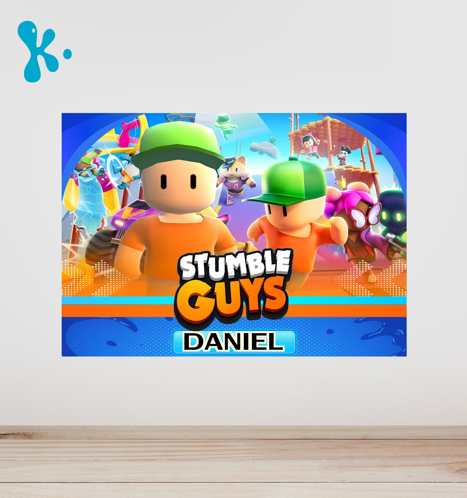 Cartaz infantil Stumble Guys com personagens coloridas e nome personalizado, ideal para decoração de festa gamer.