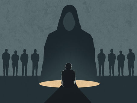 Ilustração simbólica de uma vítima isolada enquanto várias pessoas viram as costas, representando a apatia social como aliada do agressor.