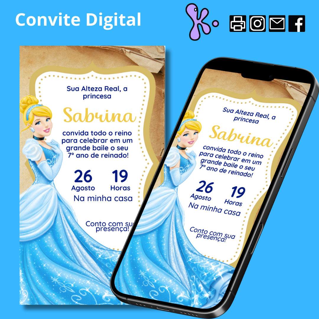 Convite Digital Cinderela com Fundo Encantado – Personalizado para Festa Infantil