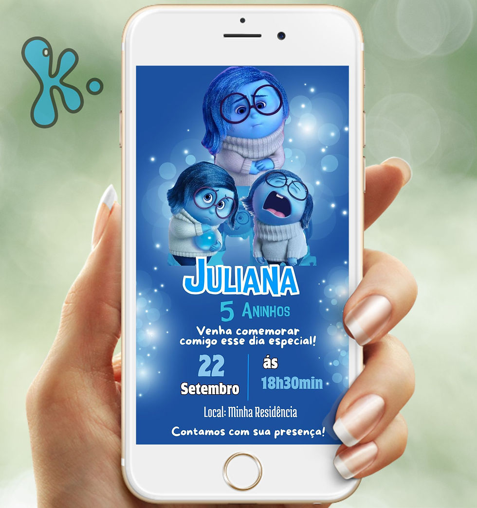 Convite digital Divertida Mente azul com personagem Tristeza e fundo brilhante