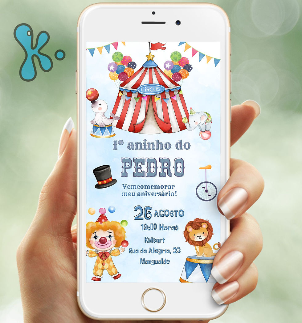 Convite digital circo com palhaço, leão, tenda colorida e nome Pedro para 1.º aniversário