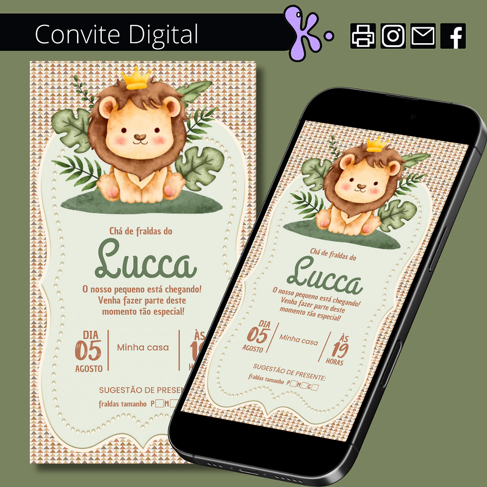 Convite Digital Chá de Fraldas com Tema Leãozinho Safari