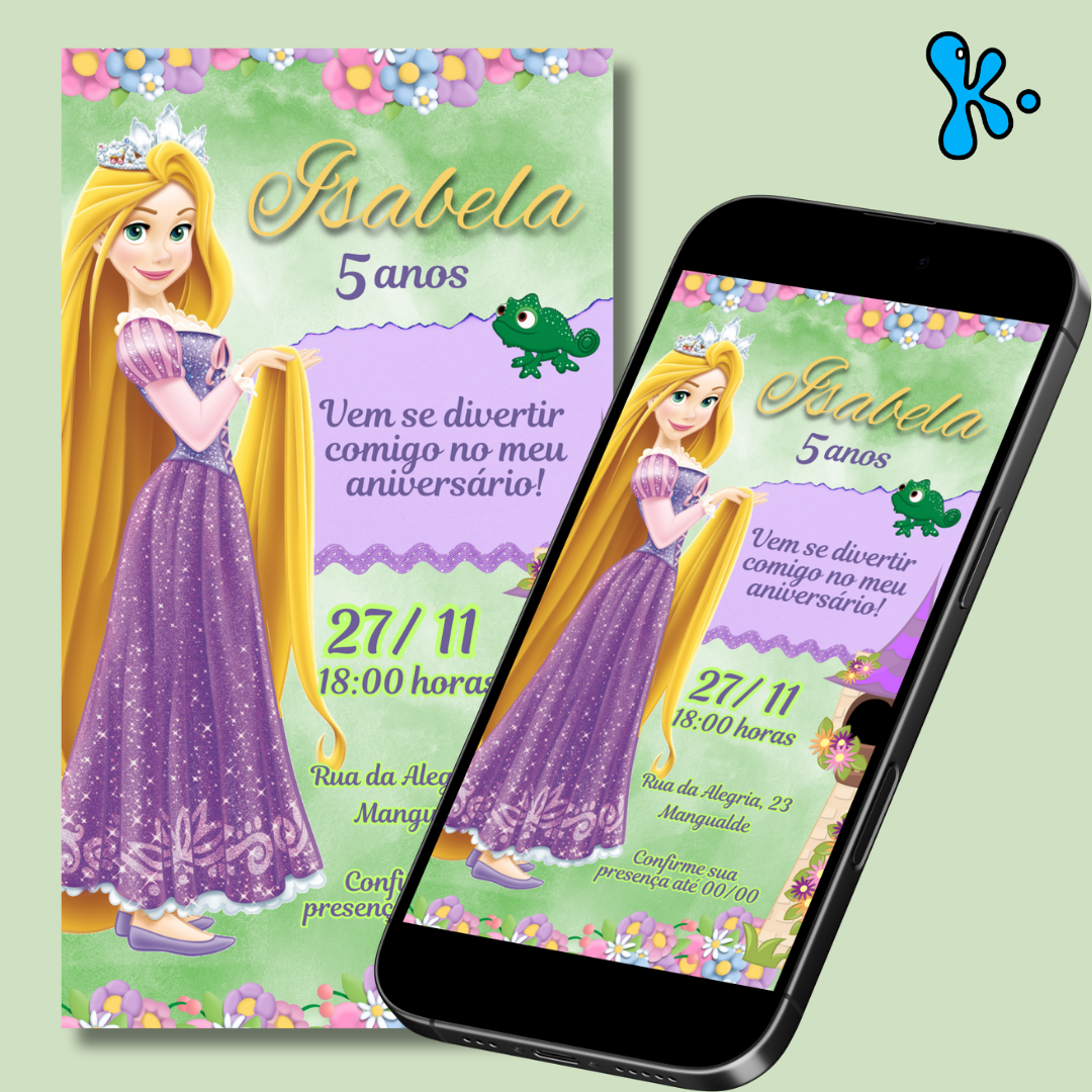 Convite Digital Rapunzel Personalizado – Festa de Aniversário com Magia