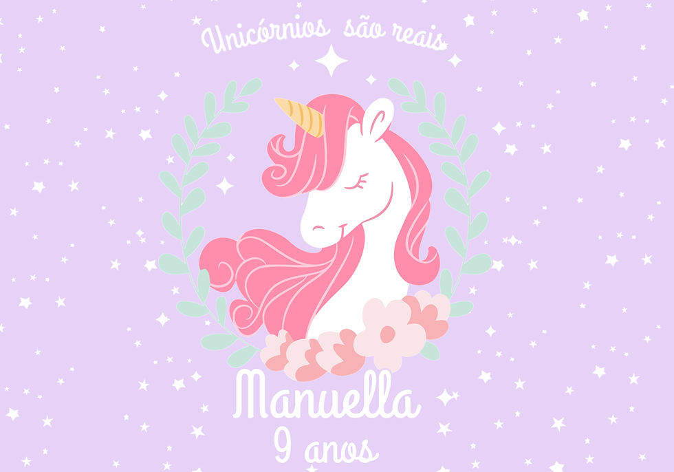 Cartaz unicórnio personalizado com nome e idade, unicórnio rosa em fundo lilás com estrelas.