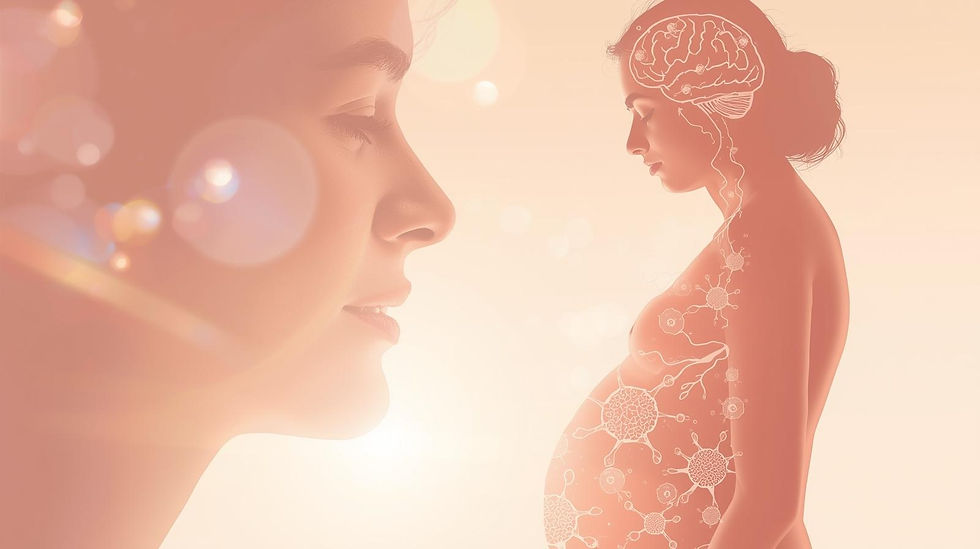 Ilustração de uma mãe com células do bebé a viajar da barriga para o cérebro, simbolizando o microquimerismo fetal.