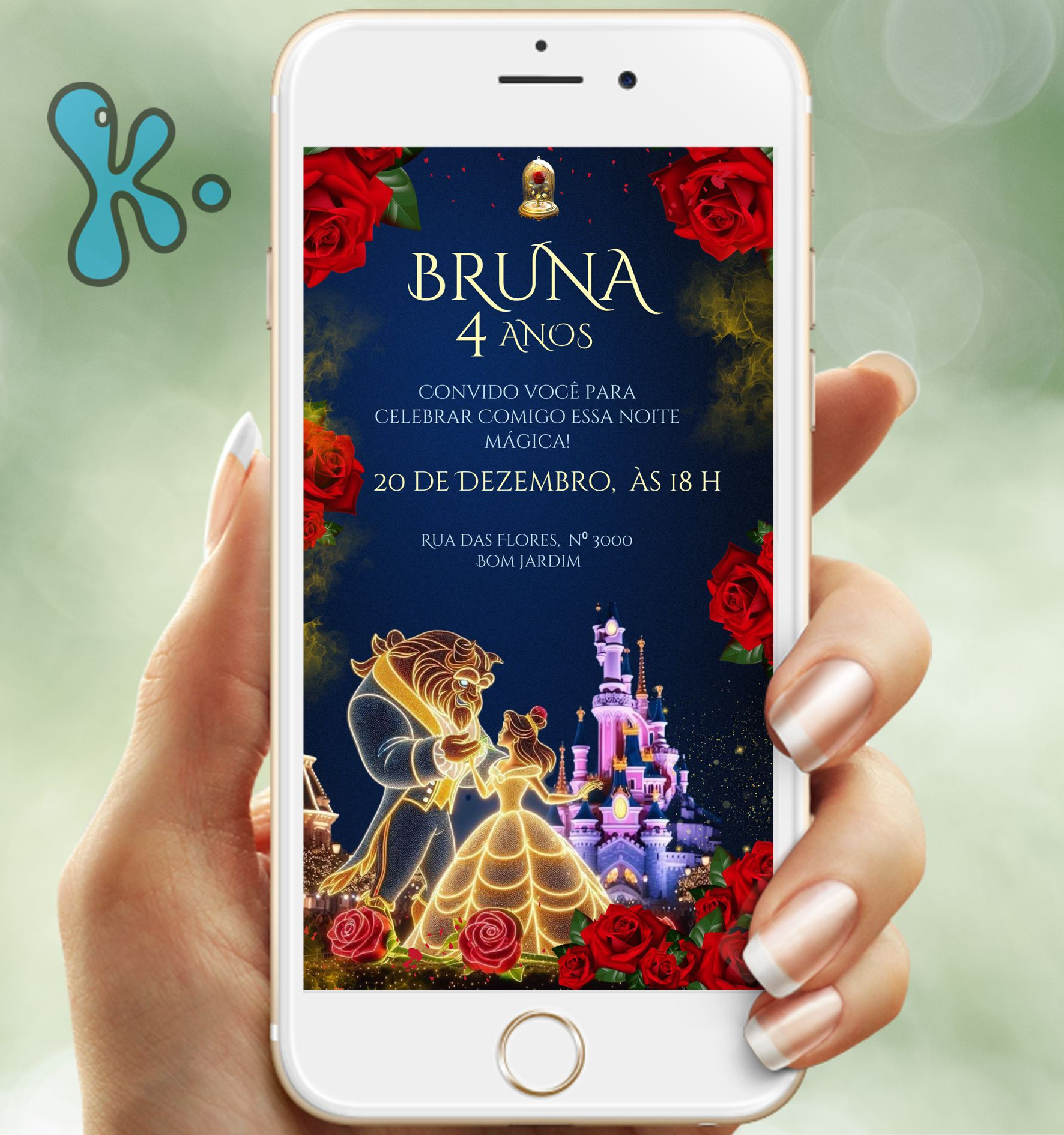 Convite digital da Bela e o Monstro com castelo iluminado e rosas vermelhas