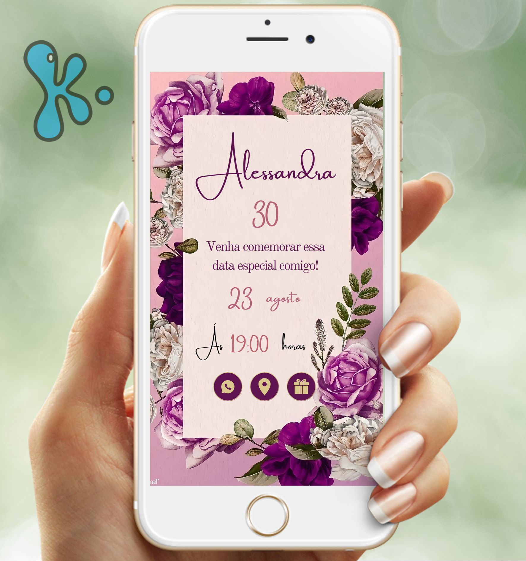 Convite digital feminino com flores roxas e rosa em design elegante e romântico