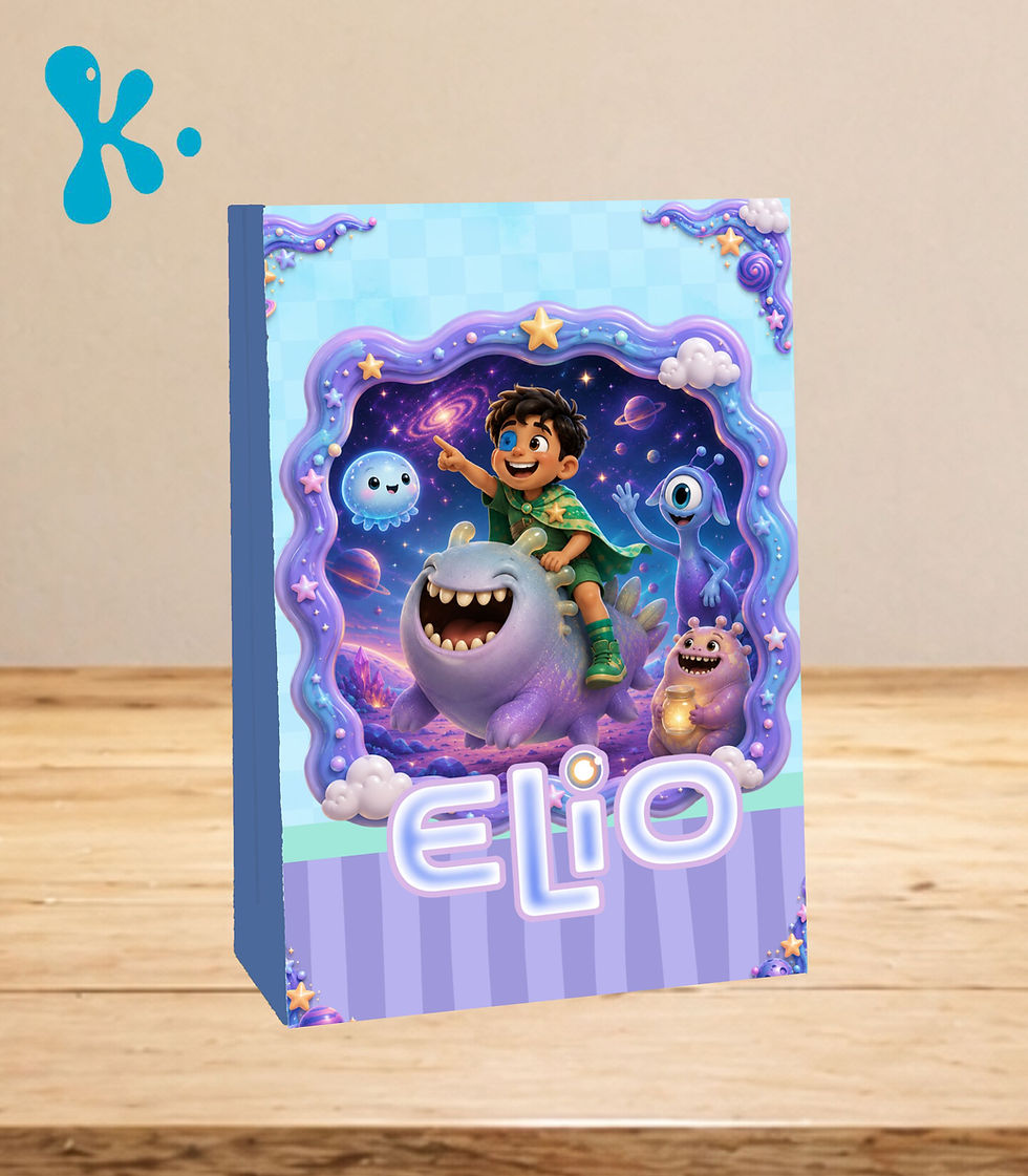 Saco lembrança personalizado Elio com personagem, criaturas alienígenas, planetas, estrelas e cenário espacial em azul e lilá