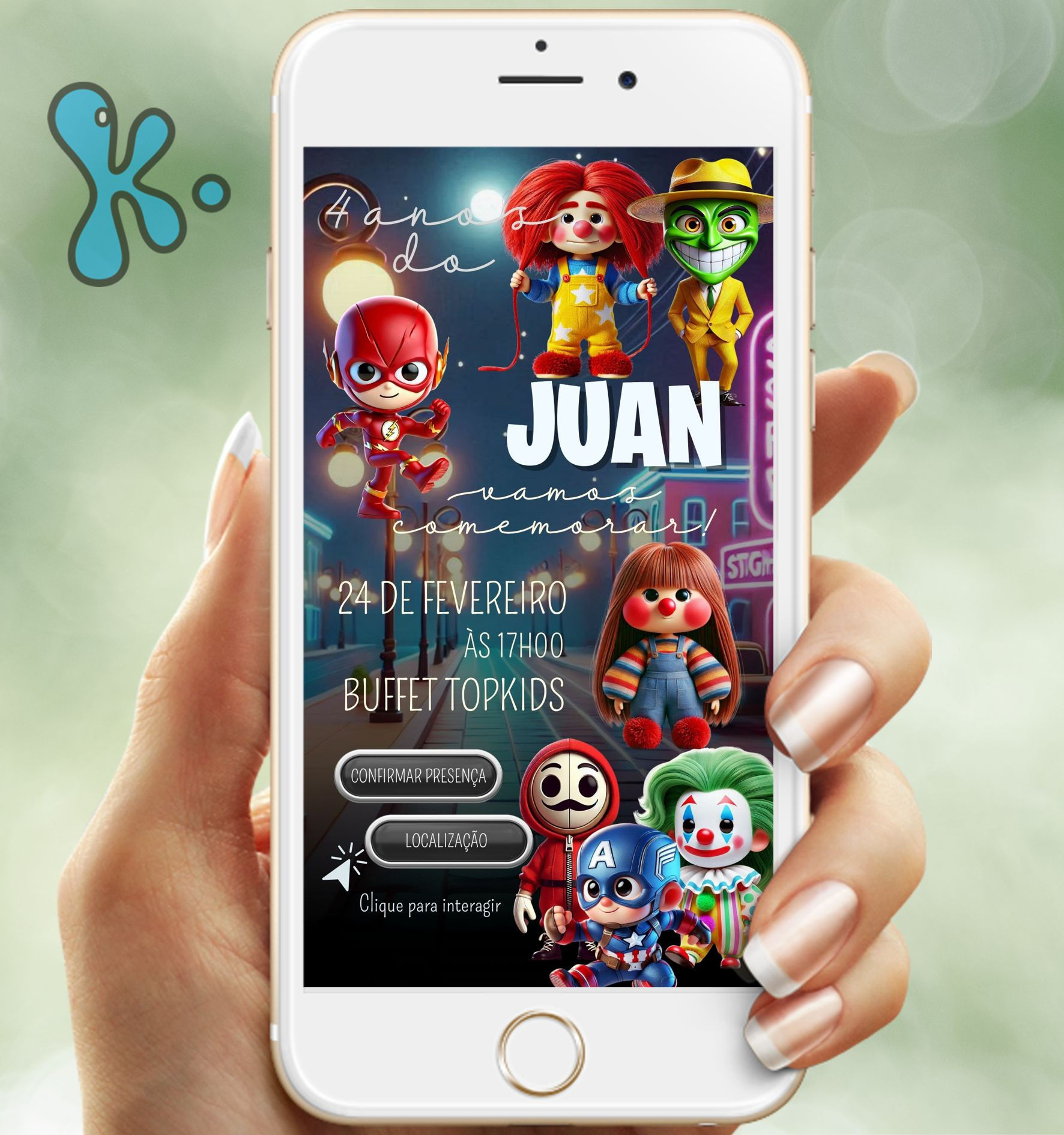 Convite digital Carreta Furacão com personagens animadas e botões clicáveis interativos