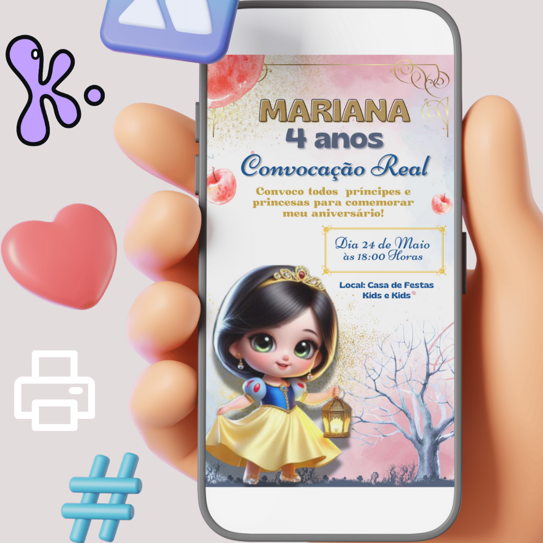 Convite Digital Branca de Neve – Convocação Real para Festa de Aniversário