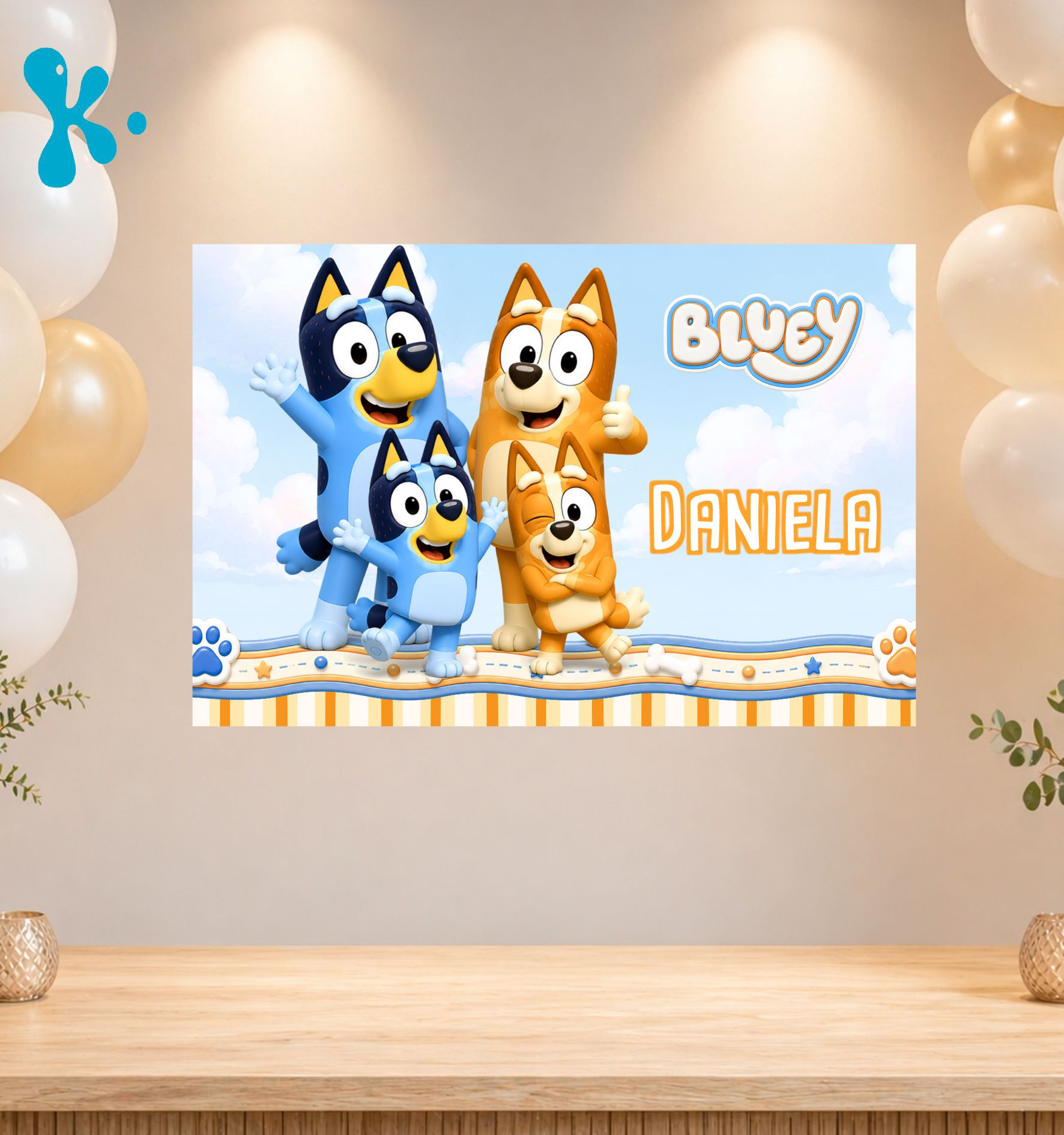 Cartaz Personalizado Bluey com Bingo, Bandit e Chilli para festa infantil