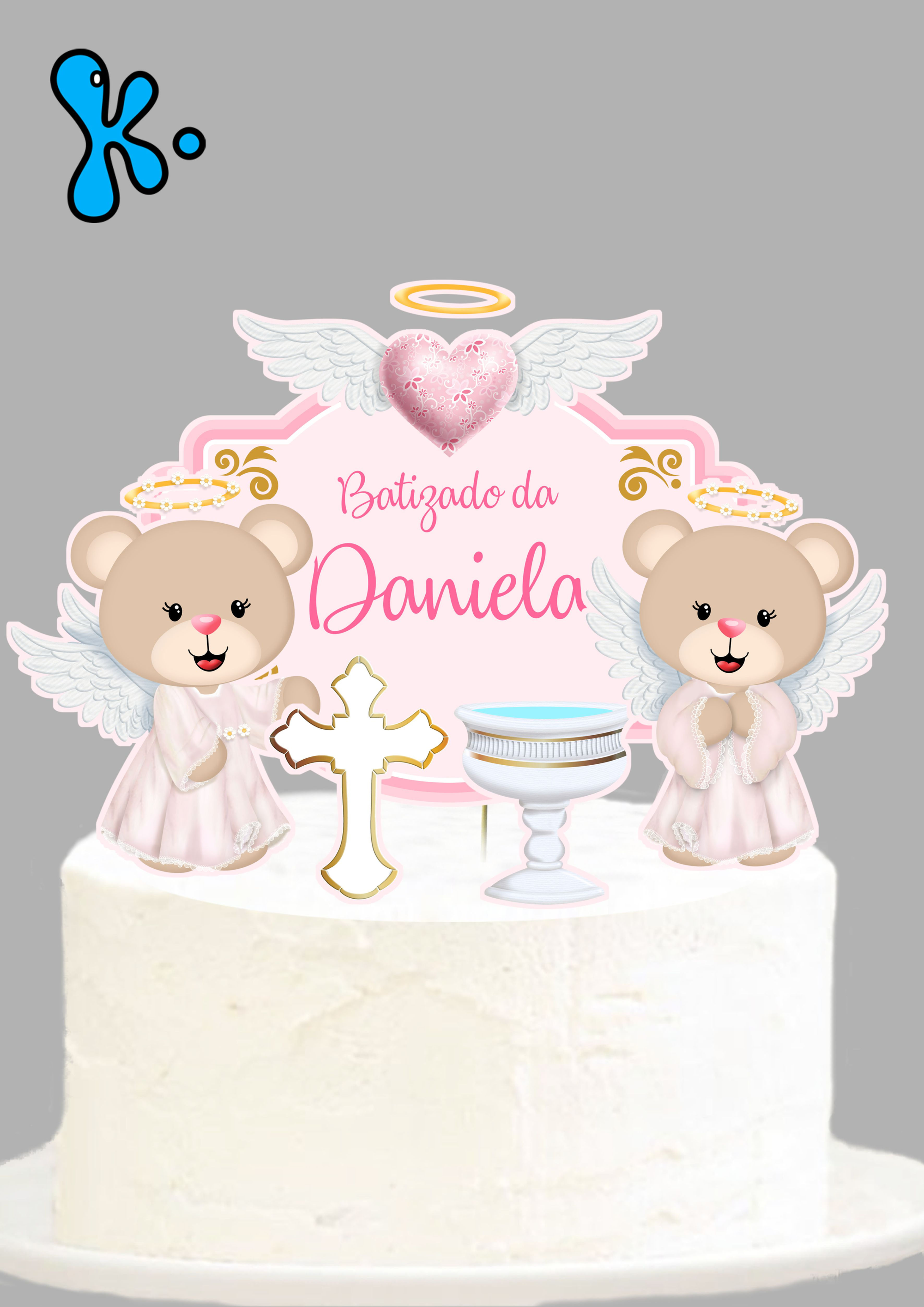 Topo de bolo de batizado com ursinhos anjos e nome personalizado rosa