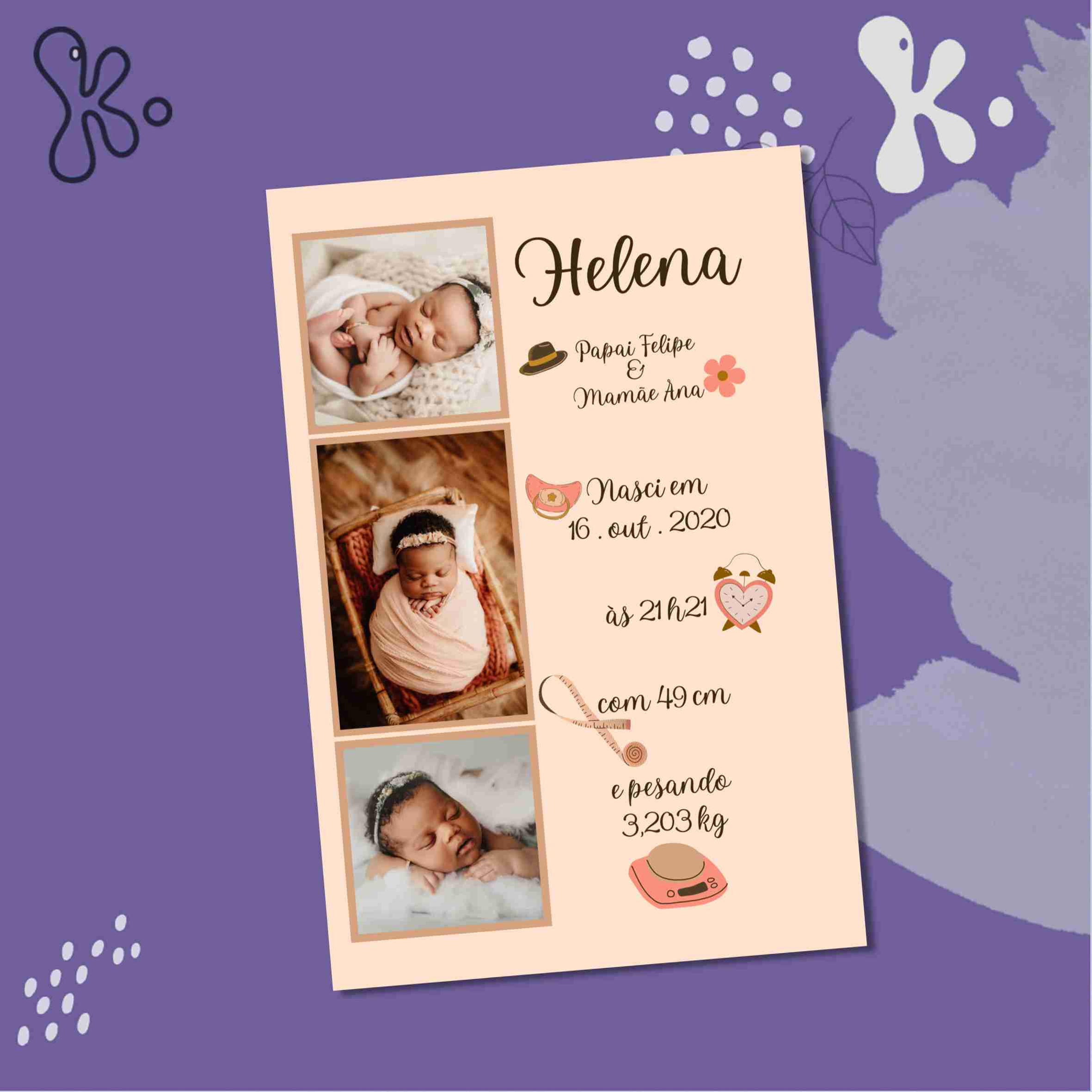 Lembrança Digital de Nascimento Personalizada com Fotos e Dados do Bebé
