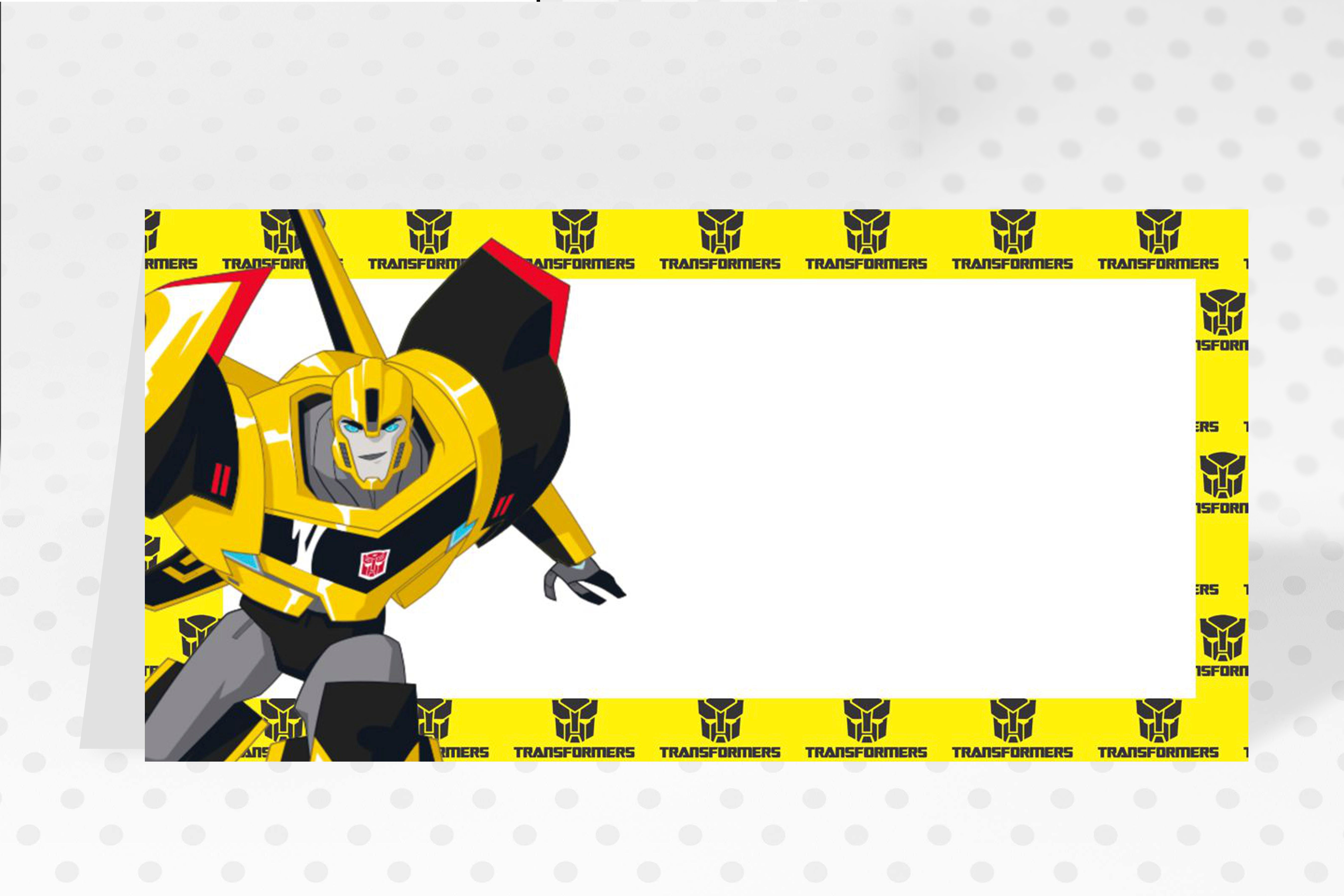 Etiquetas de bufete Bumblebee amarelas com robô Transformers e padrão temático, formato dobrado tipo tenda.