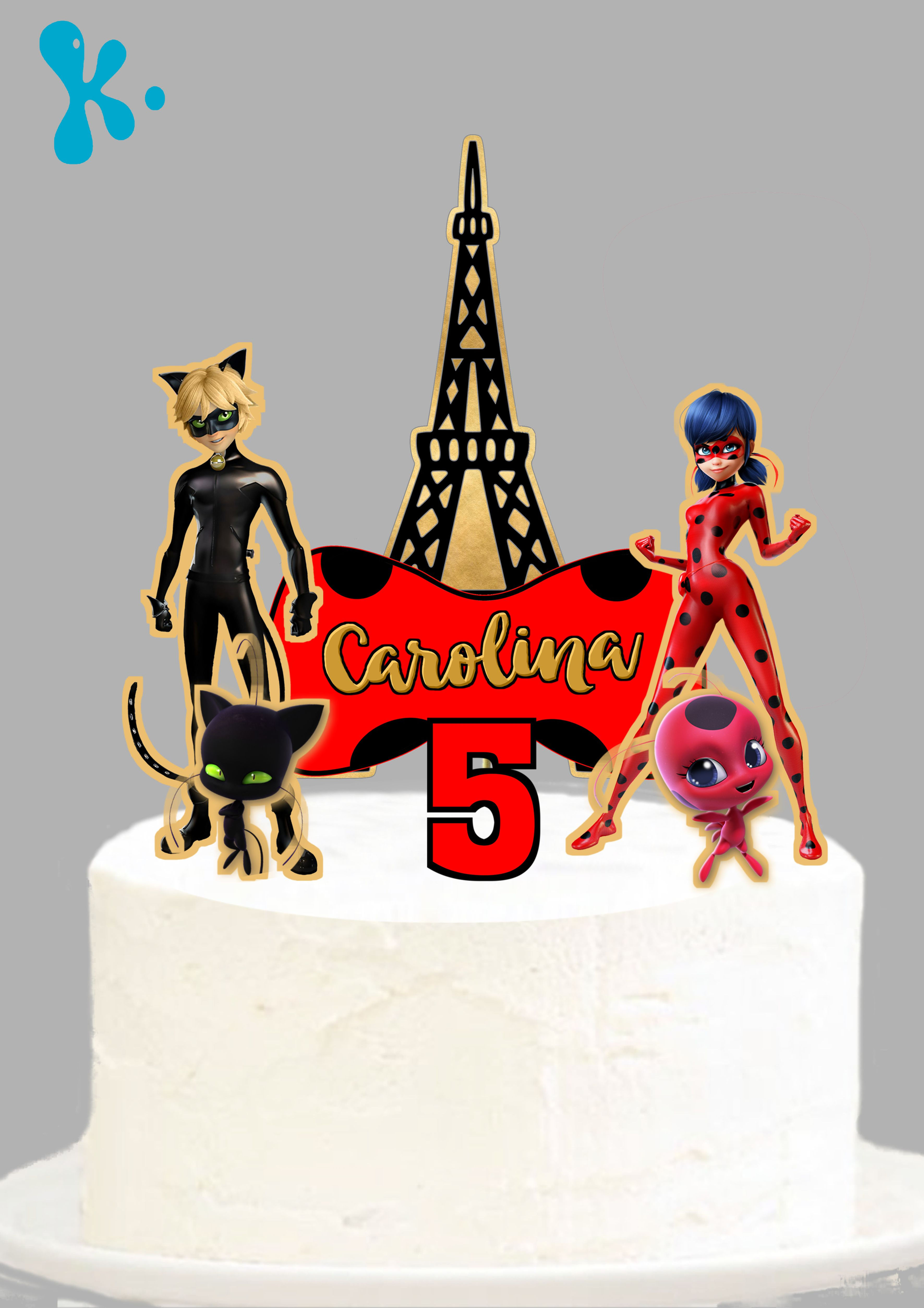 Topo de bolo Miraculous Ladybug personalizado com nome e idade para festa infantil.