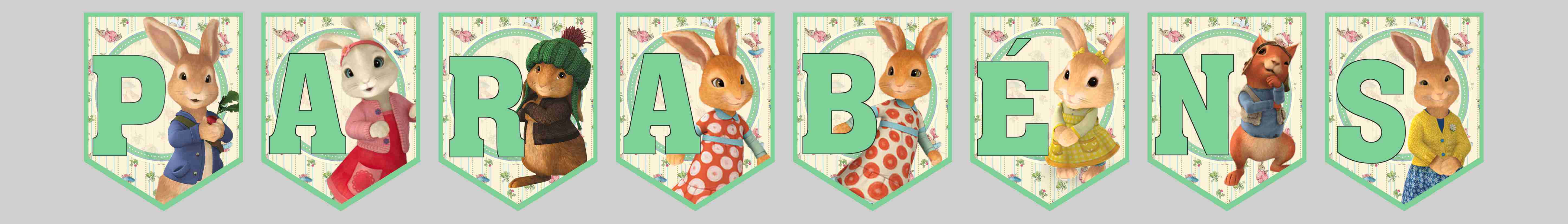 Bandeirolas Parabéns com coelhinhos em tons pastel para decoração delicada de festa infantil