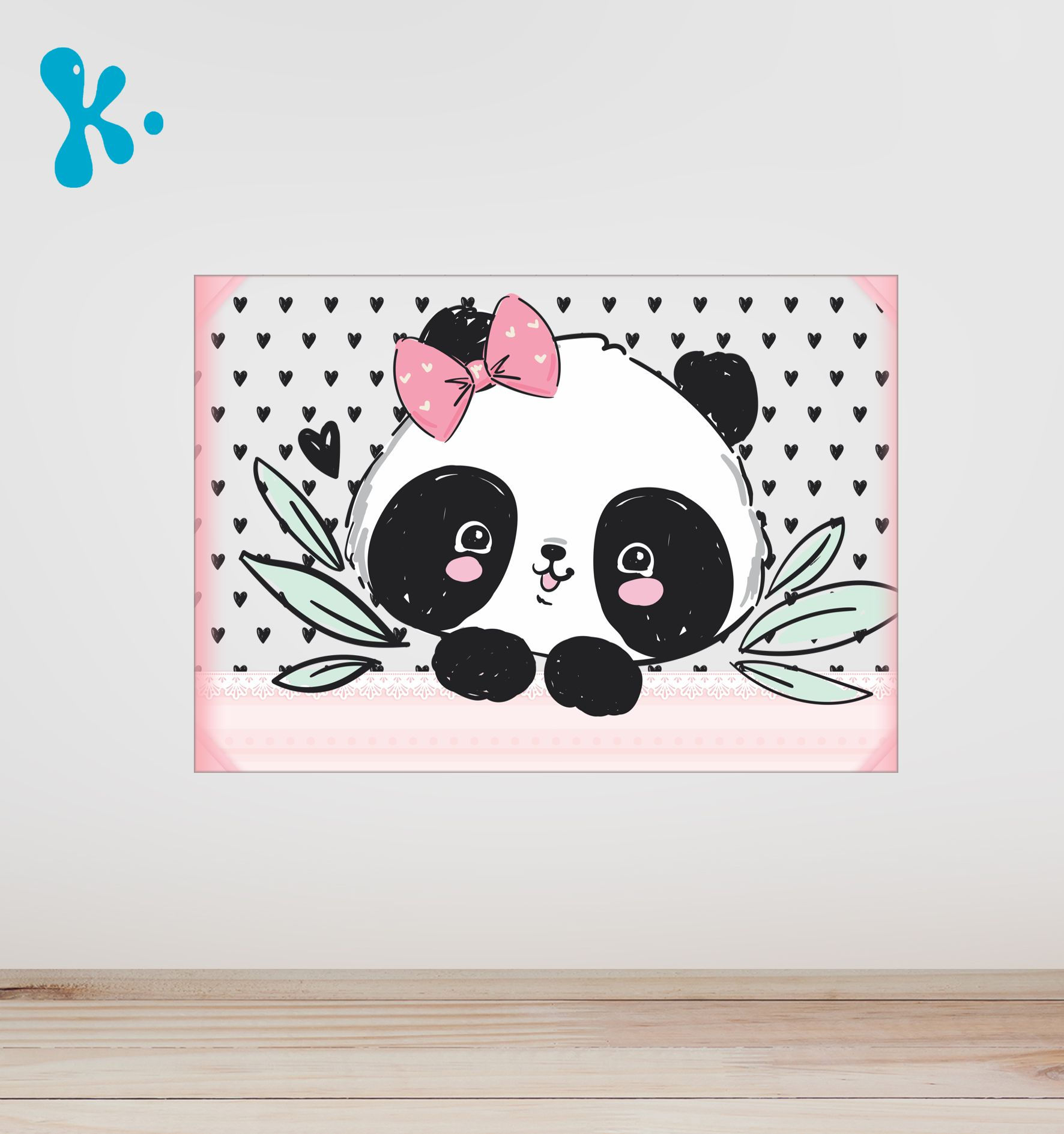 Cartaz personalizado panda menina com laço rosa e corações em fundo claro