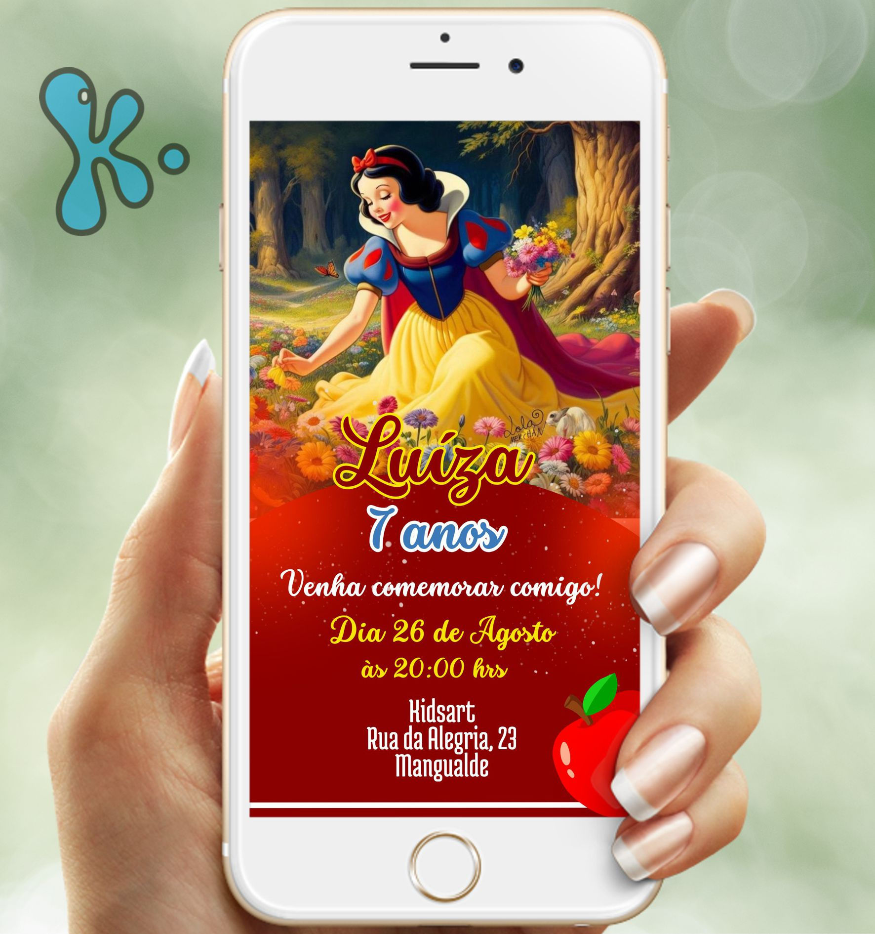 Convite digital Branca de Neve com vestido amarelo num cenário de bosque florido