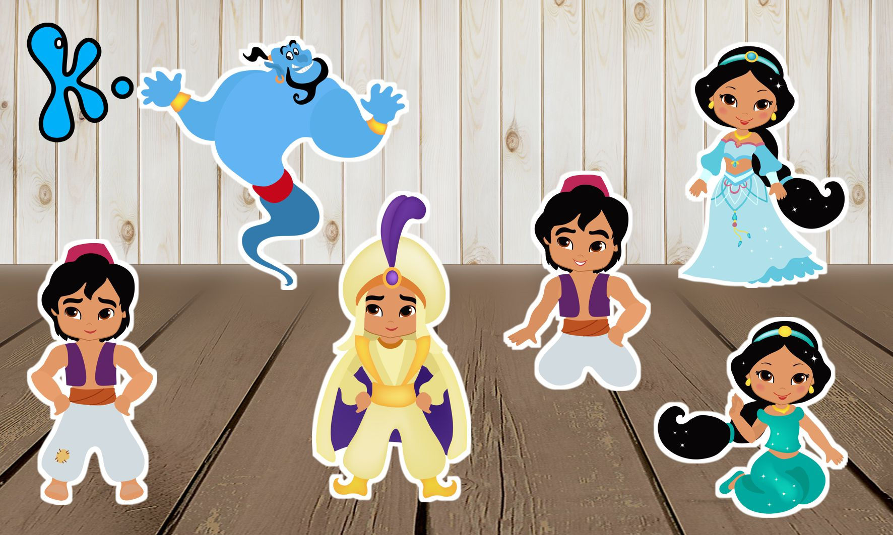 Figuras de mesa Aladino, Jasmine e Génio em estilo baby para festa infantil