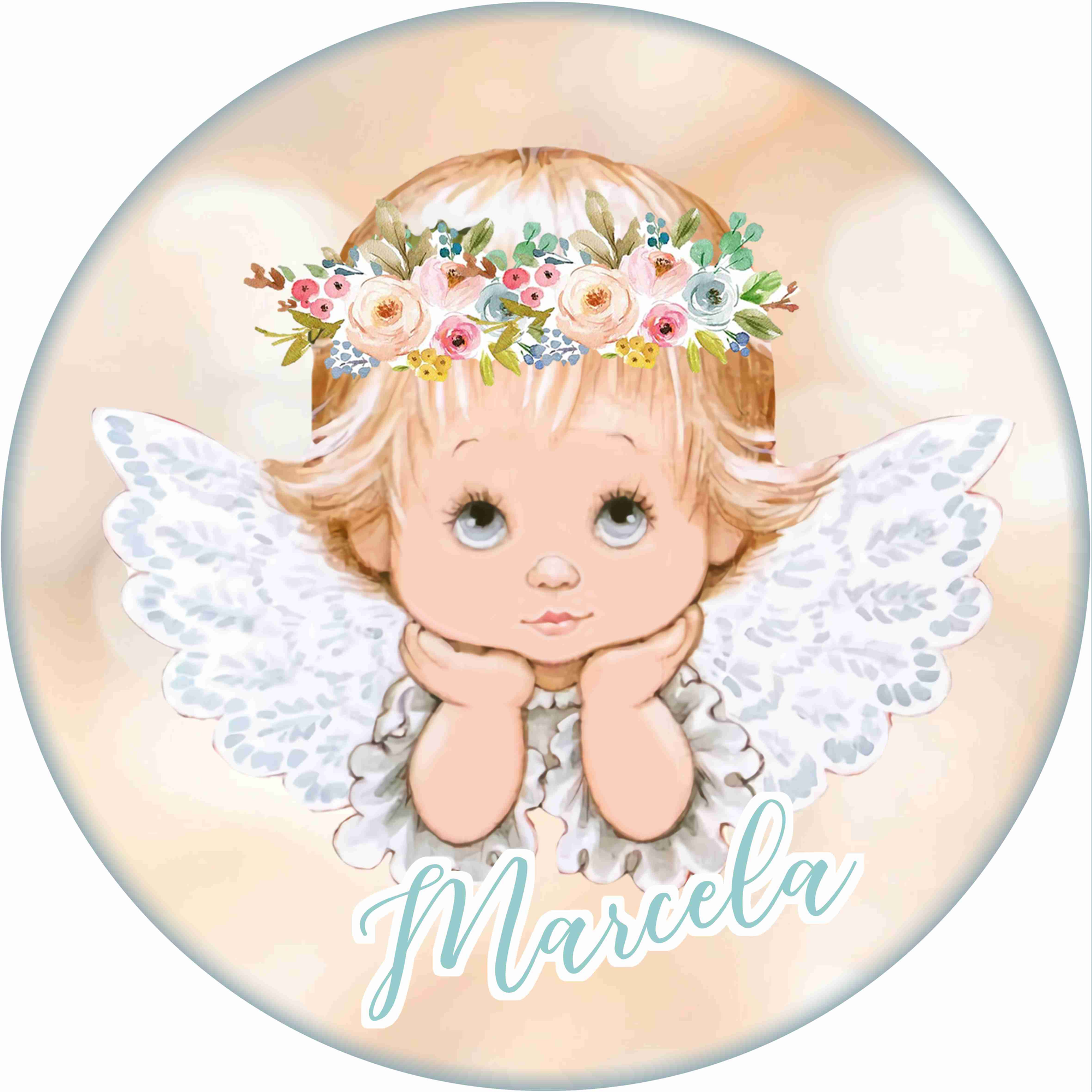 Painel redondo com anjinha bebé, asas brancas, coroa floral em tons pastel e nome personalizado.