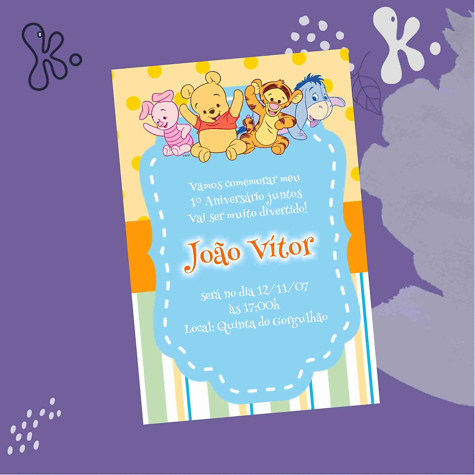 Convite Digital Baby Winnie The Pooh Colorido para 1.º Aniversário