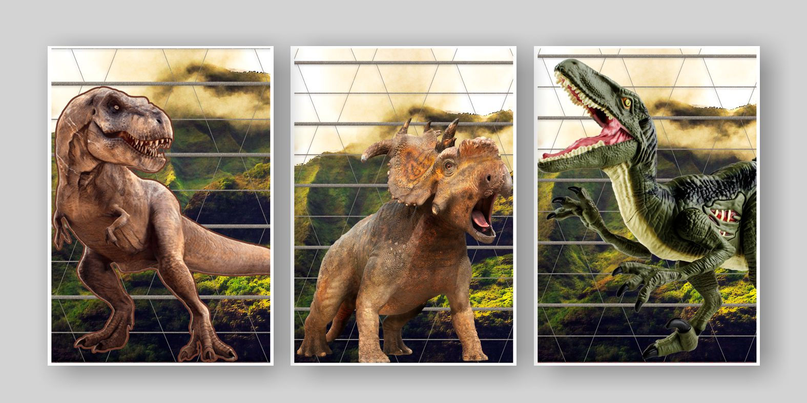 Conjunto de 3 cartazes dinossauros com ilustrações realistas em cenário jurássico para quarto infantil