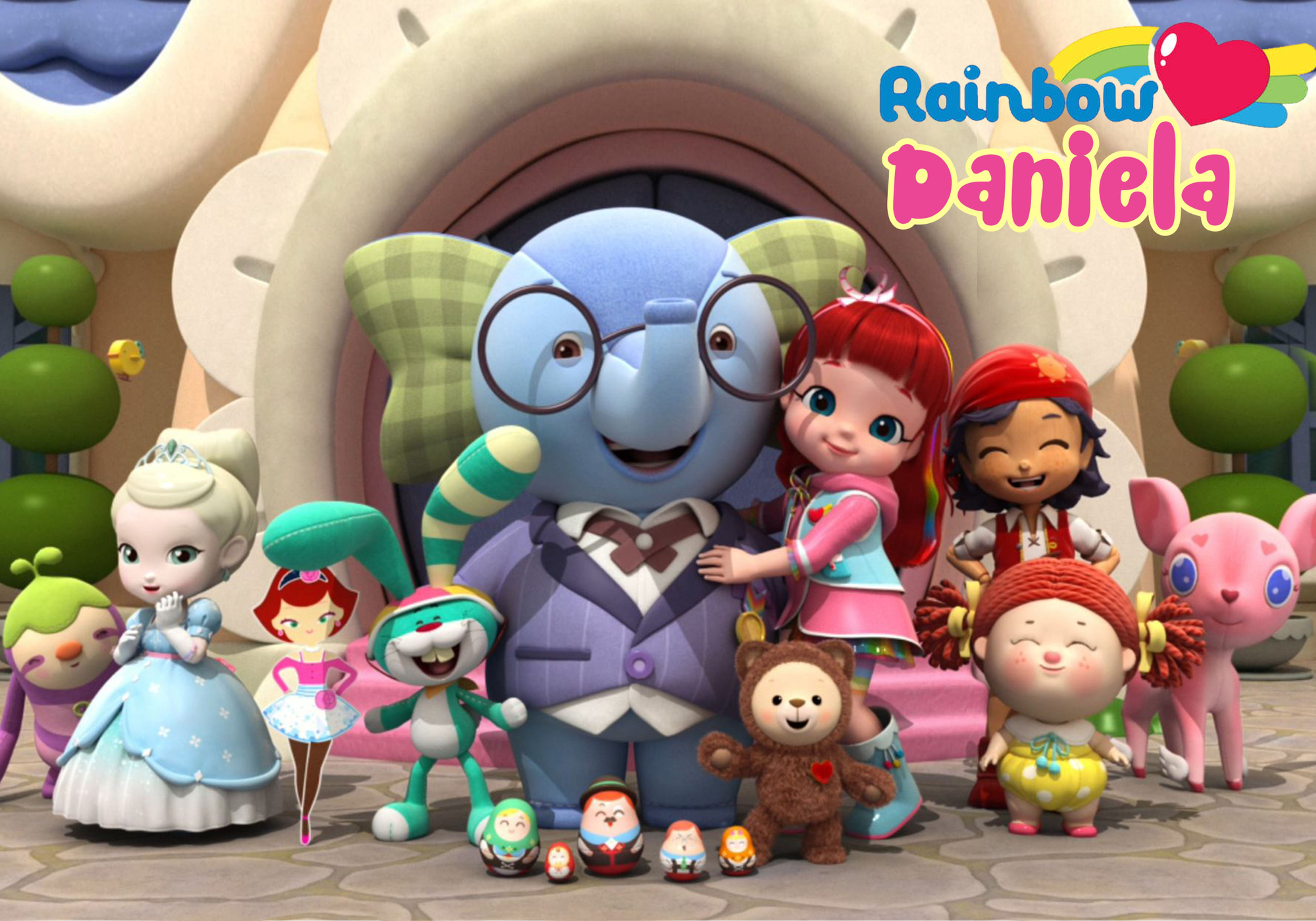 Cartaz infantil Rainbow Ruby com personagens coloridos e nome personalizado para festa de aniversário.